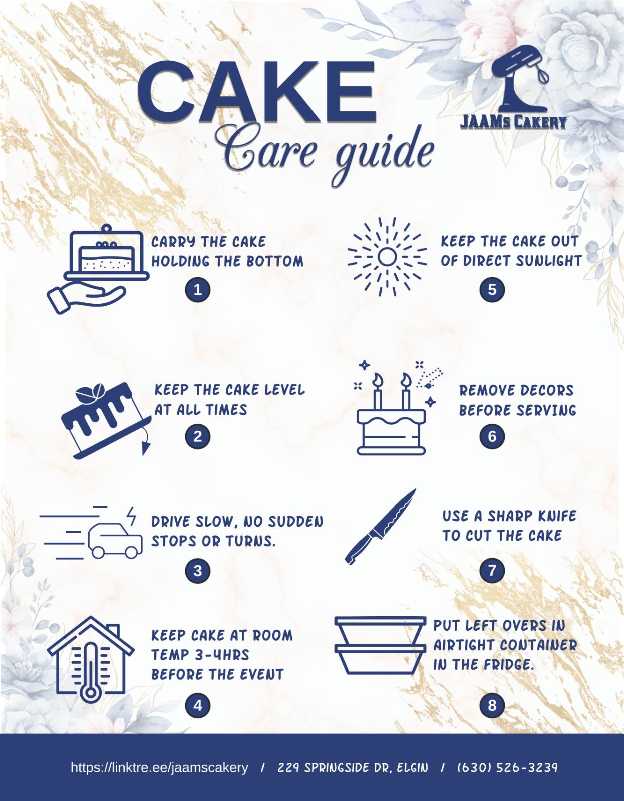 Cake care instructions showing proper storage and handling guidelines for buttercream and cream-filled cakes