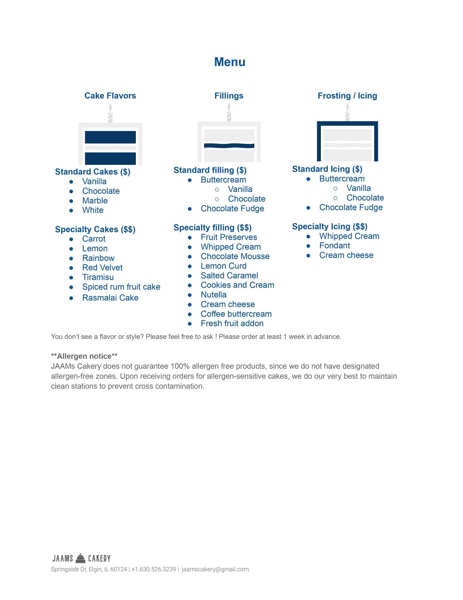 jaams cakery menu