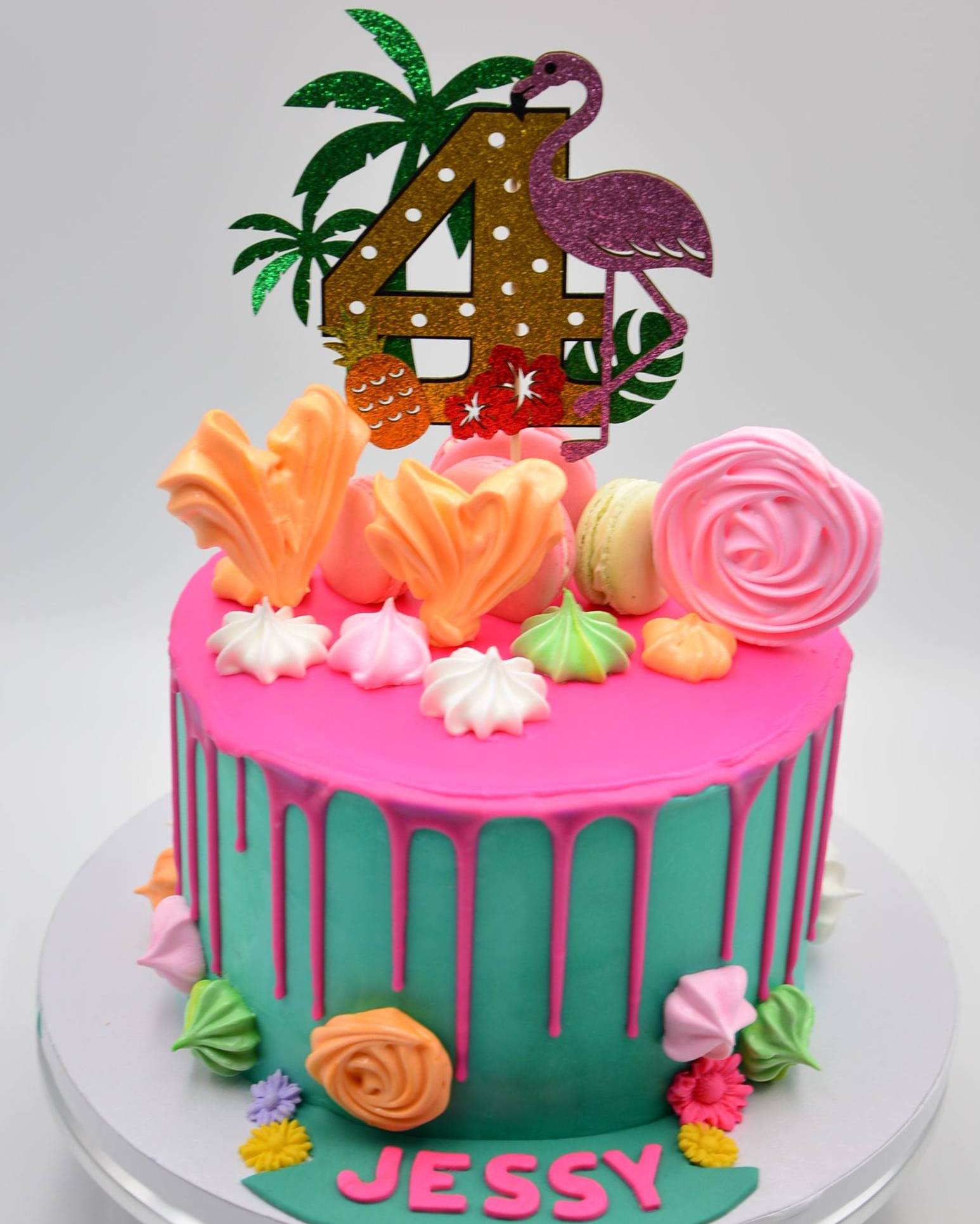 Flamingos theme Tres leches cake with peaches and cream filling.